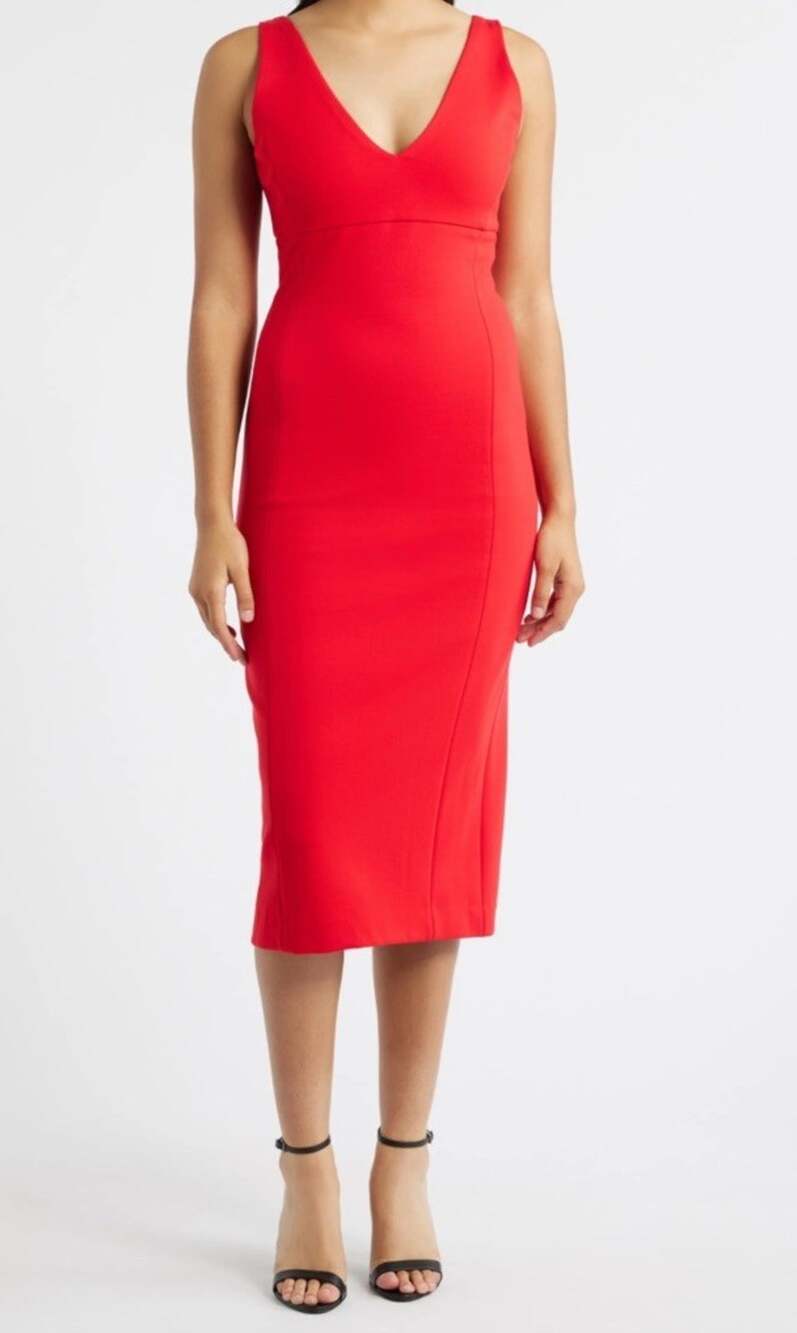 NWT $178 Spanx Sleeveless Low V-Neckline Ponte Midi Dress In Rouge Spanx Medium
